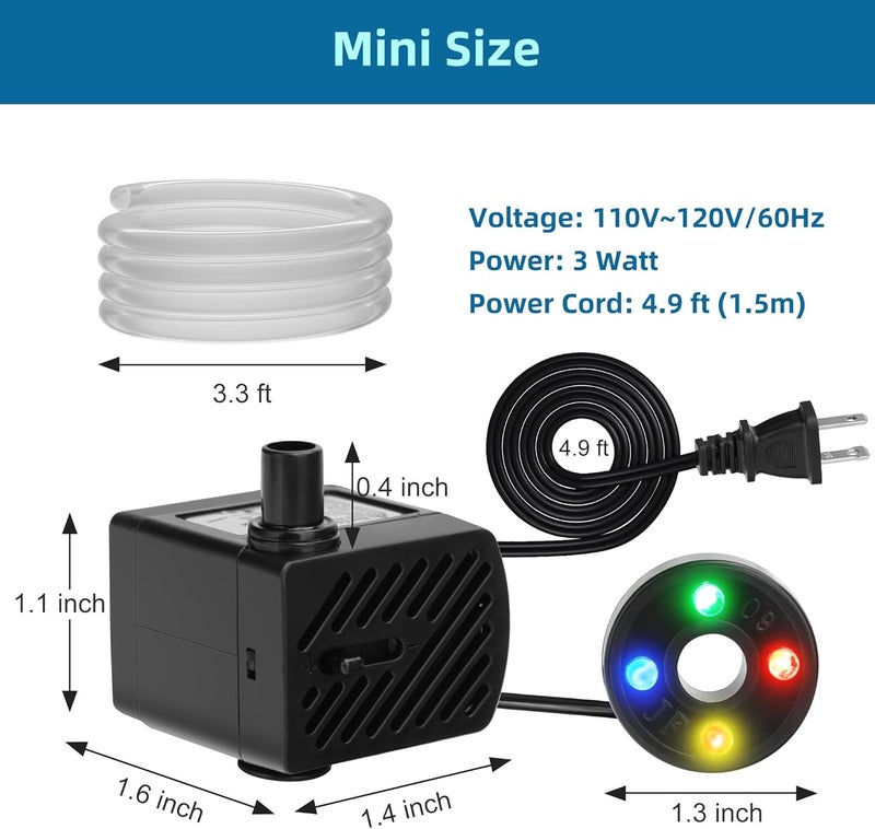 DATOO Mini Submersible Fountain Water Pump With LED Light 50GPH 3W Small Ultra Quiet Water Pump With Tubing For Aquarium Fish Tank Outdoor Pond Water Feature Fountain Statuary - Image 5